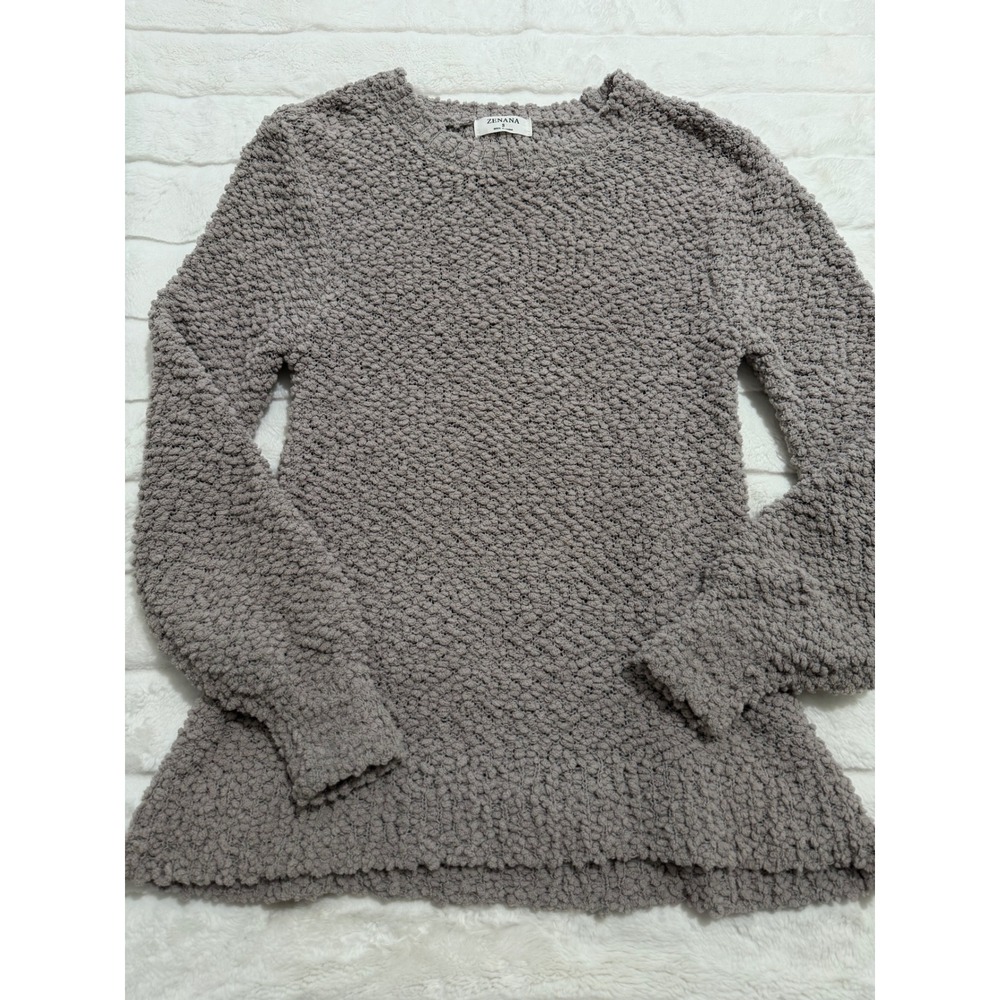Zenana Gray Popcorn Knit Hygge Sweater S Cozy Textured Crewneck Balloon Sleeve - Picture 5 of 8